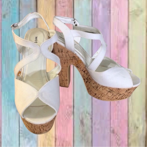 Wet Seal White Canvas Chunky Block Cork Heel Platform Sandals - Picture 2 of 13